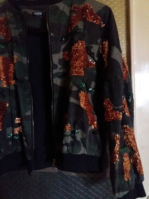 Kurtka bomberka khaki jeans Disco cekiny M