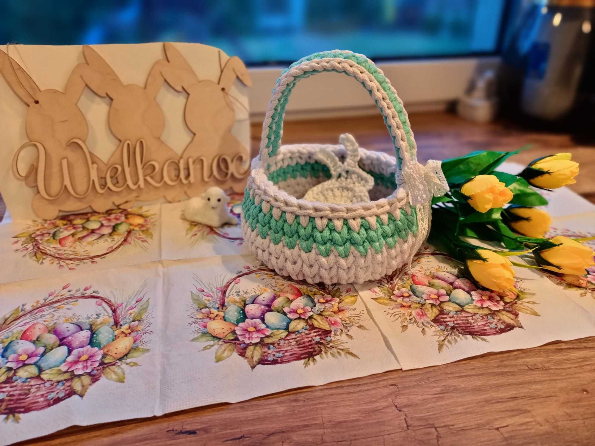 Koszyczek wielkanocny z sznurka handmade szydełko