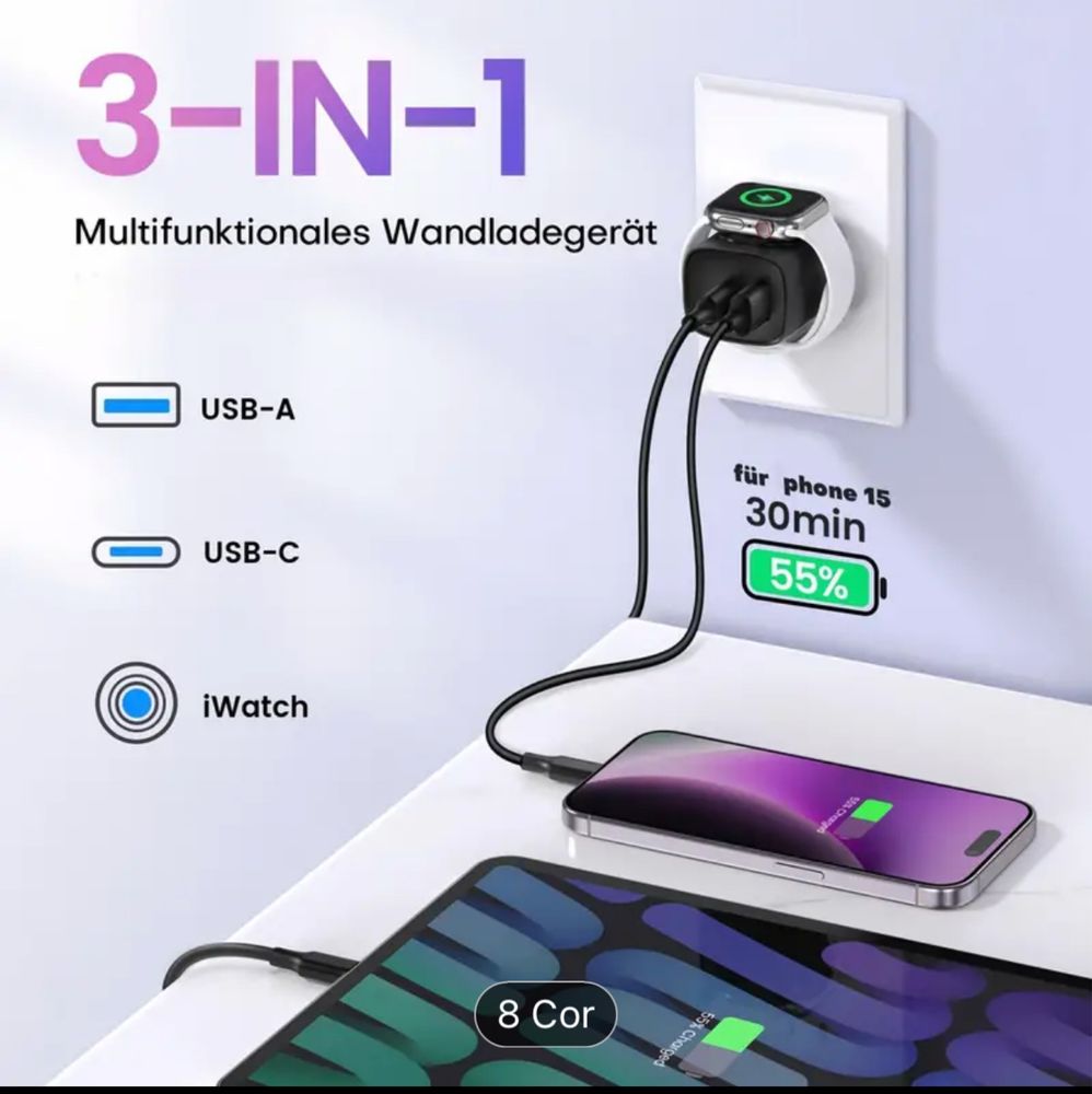 Carregador triplo, wirless, Usb A e Usb C