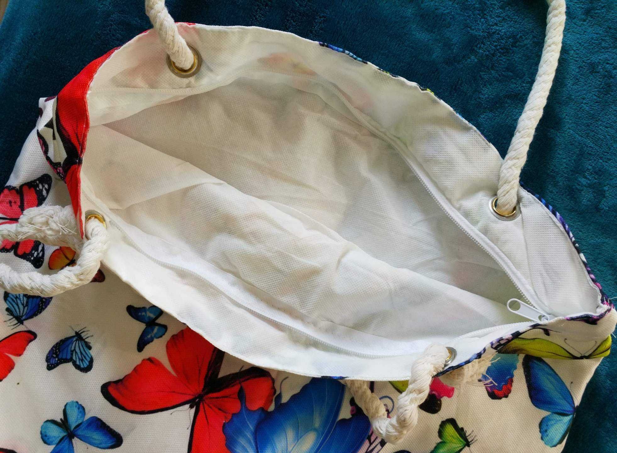 Torebka zakupowa torba plażowa biala motyle grube sznurkowe naramki