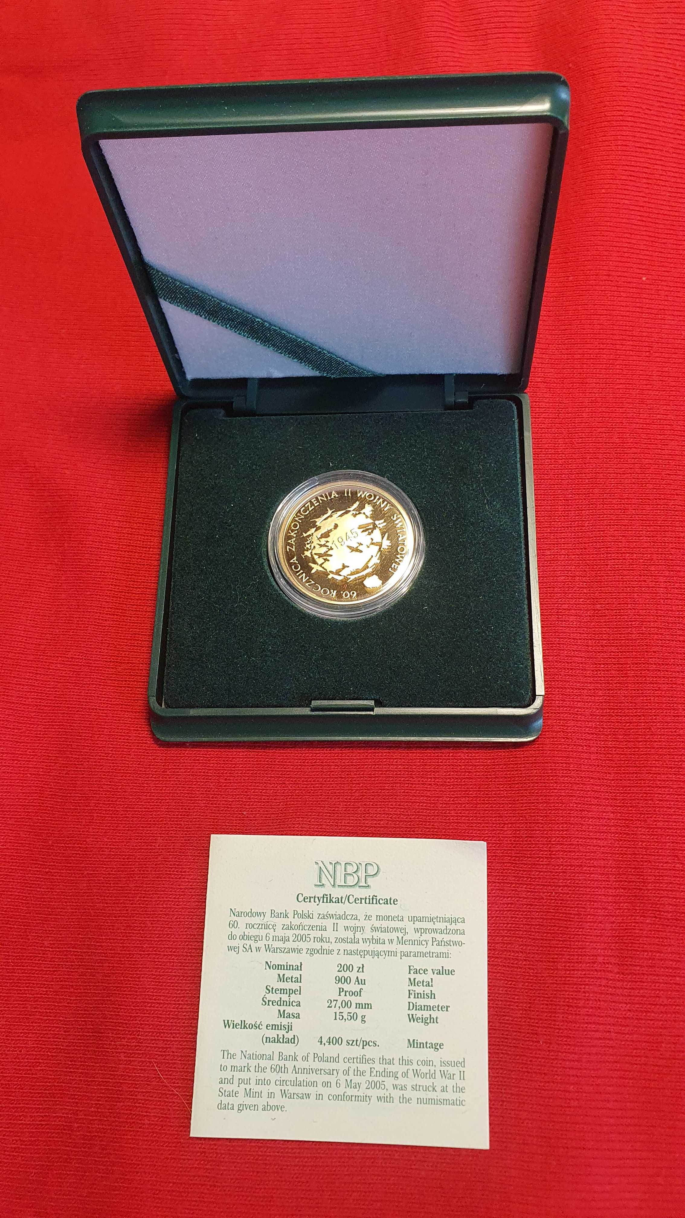 Moneta złota 200 zł z 2005 r. - 60 rocznica zako.II wojny światowej