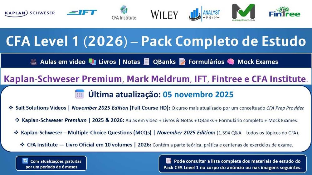 Pack CFA Level 1 (2026): Videos + Livros + QBanks + Mocks Exames