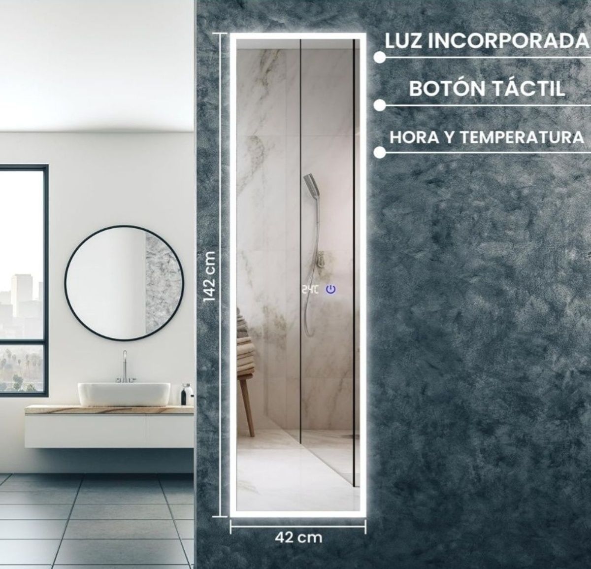 Lustro wiszące z podświetleniem LED, 142 x 42 cm, termometr, zegar