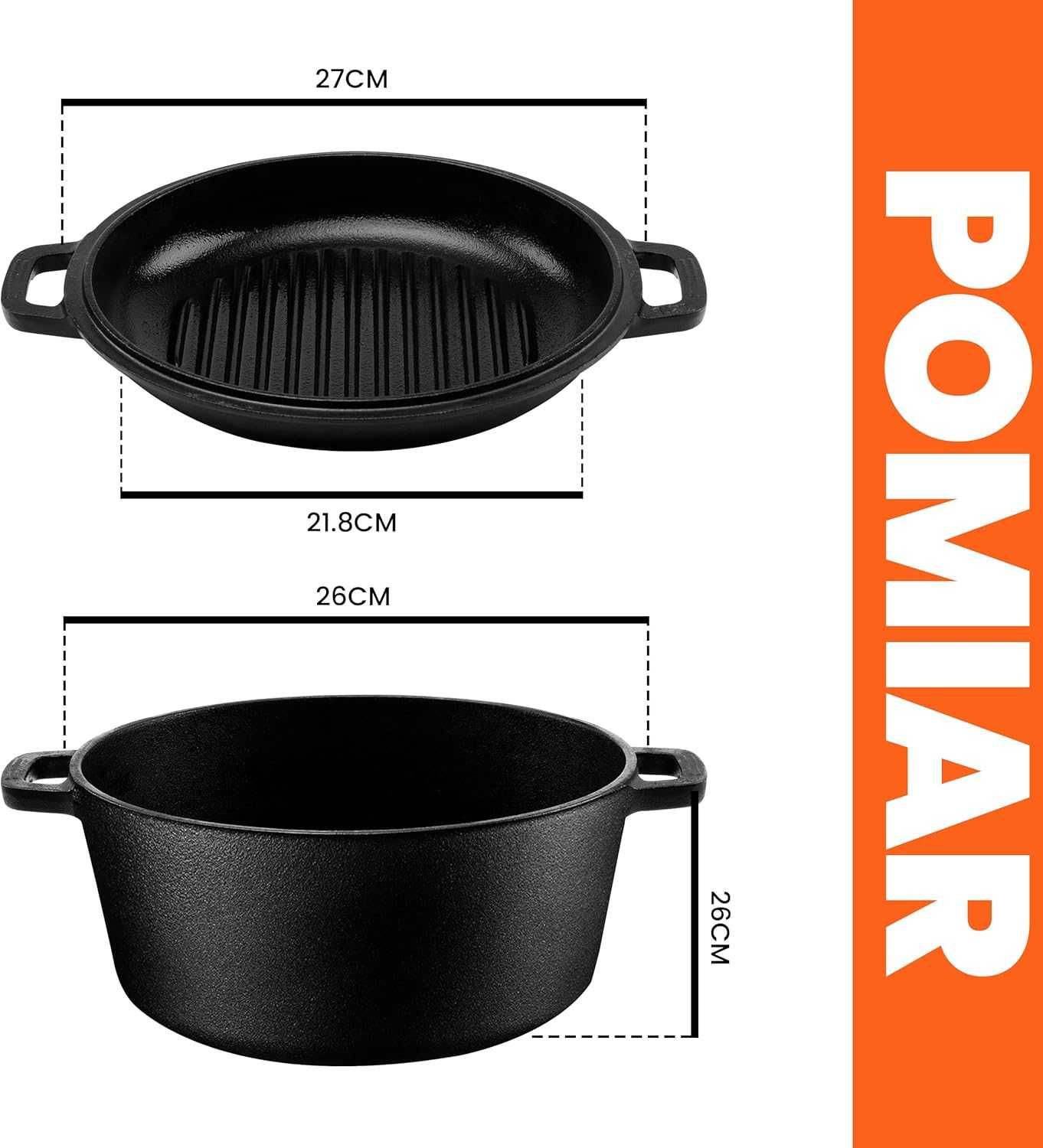 Żeliwny GARNEK HOLENDERSKI z pokrywką WIELOFUNKCYJNY 2w1 patelnia gril