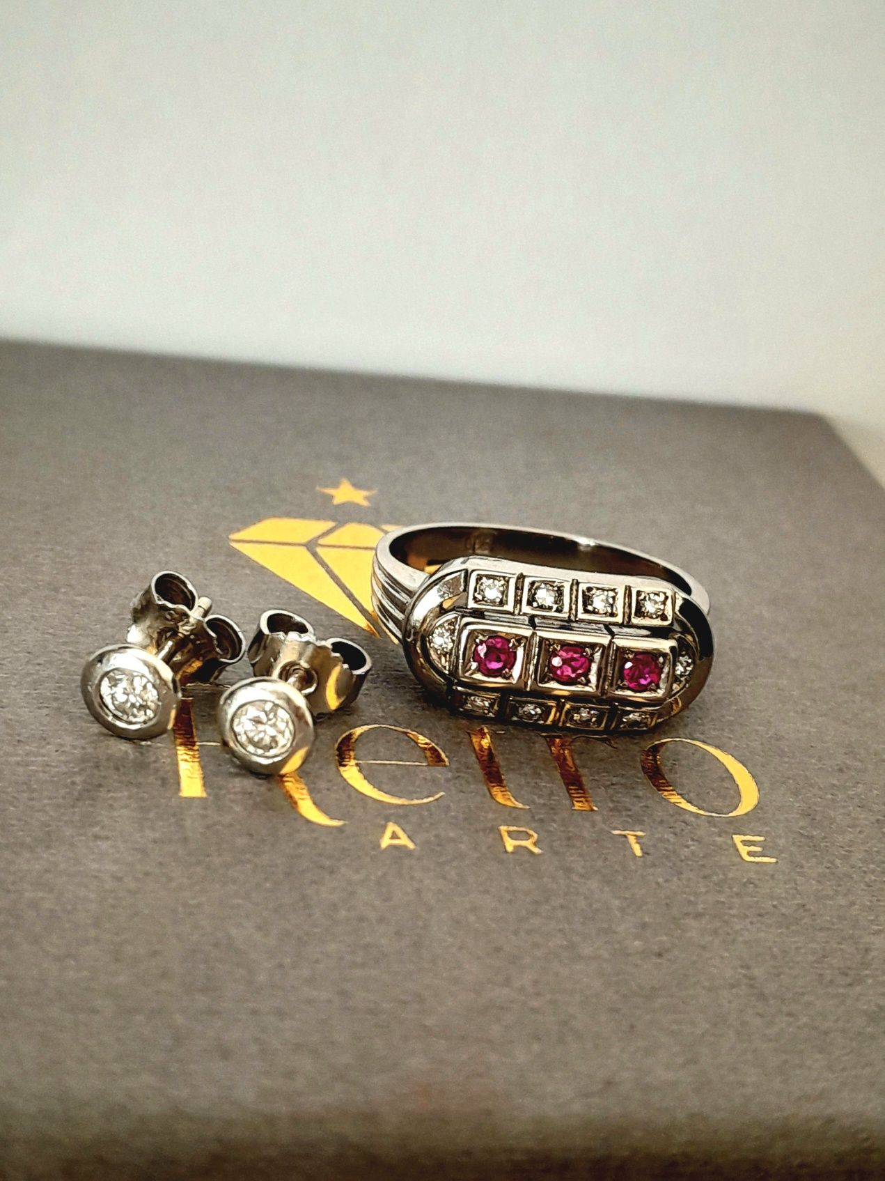 R.16 Pierścionek 4.7g Art Deco Rubiny Diamenty Złoto 585