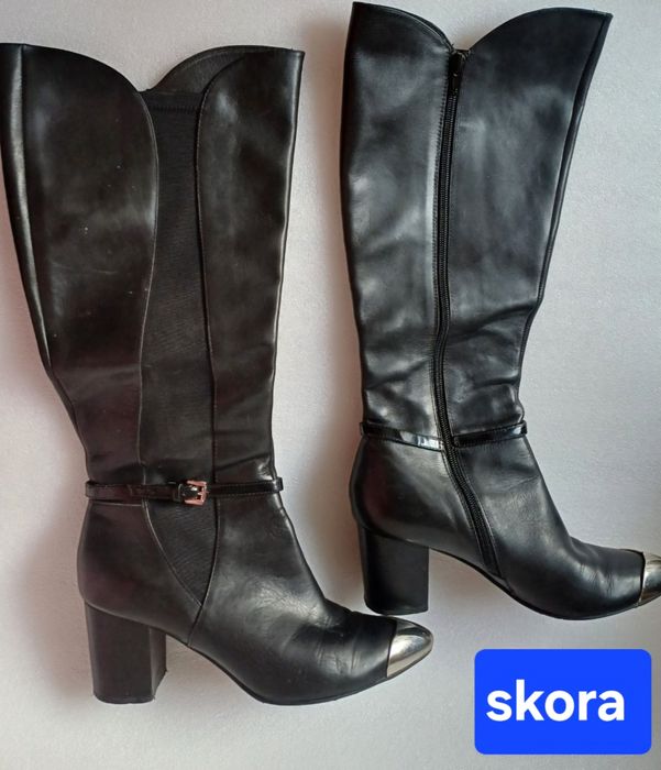 Buty, kozaki skórzane,  39 , szeroka łydka okazja