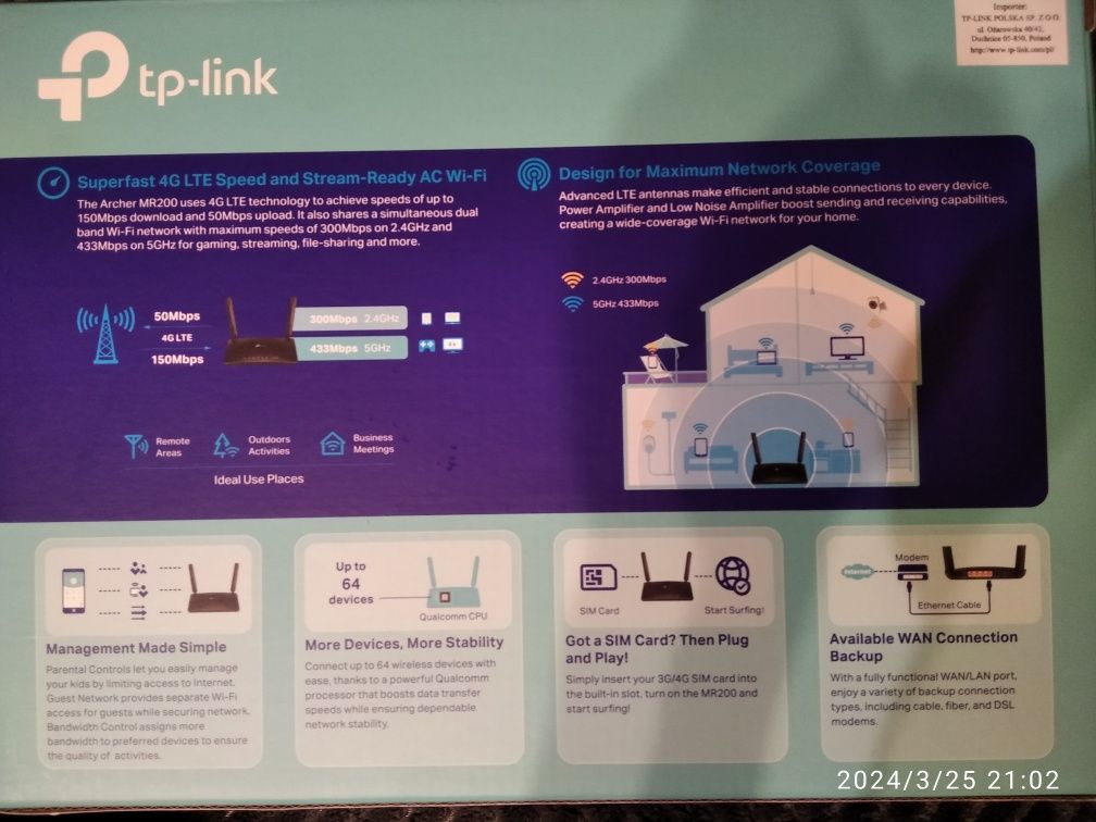 Router tp-link ac750 4G LTE Archer Mr200