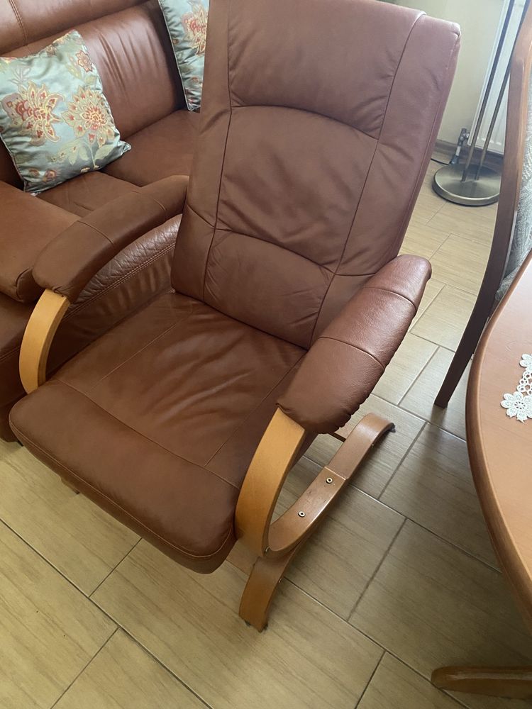 Sofa + fotele Komplet wypoczynkowy, skóra naturalna, bardzo dobry stan