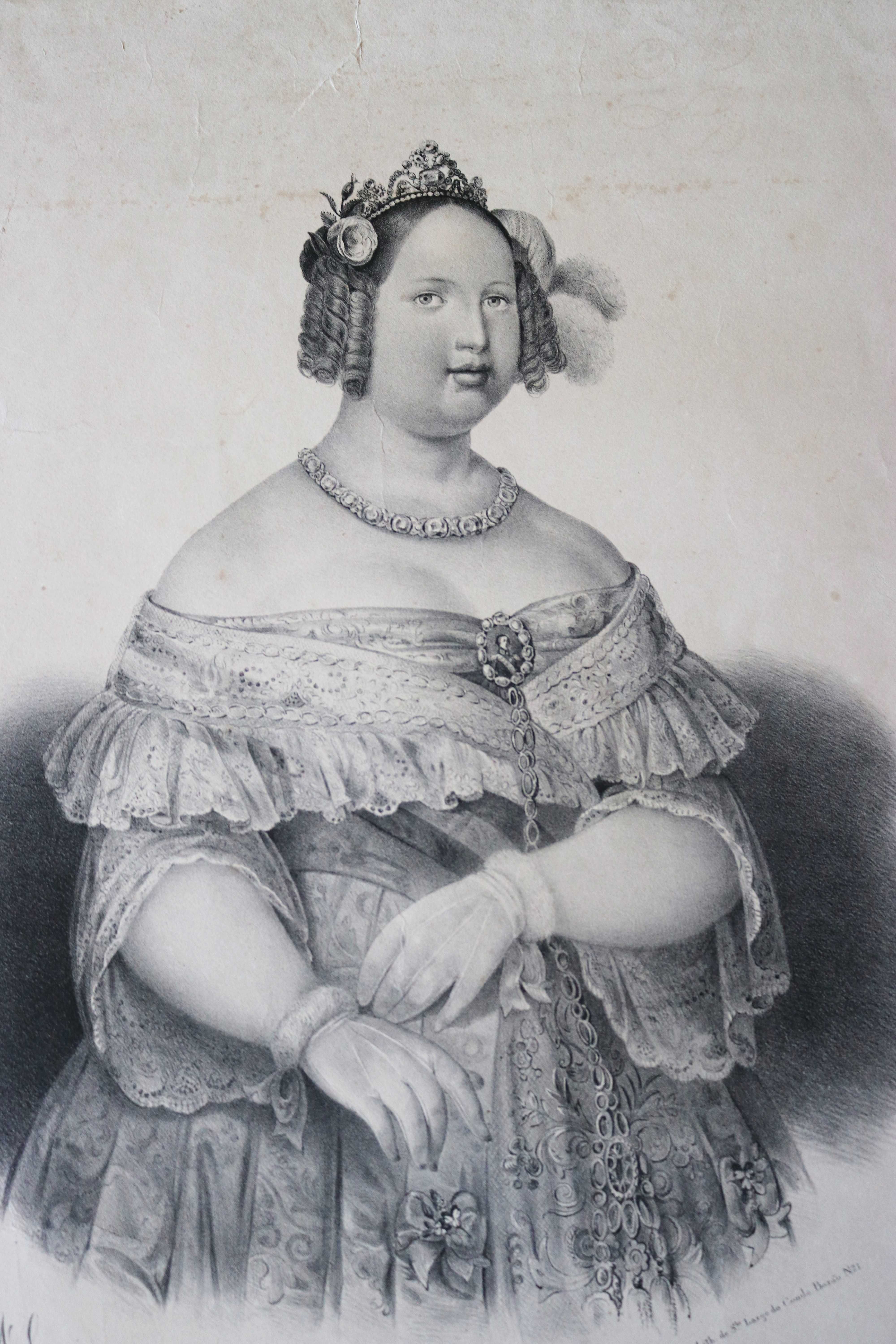 Rainha D Maria II grande litografia de Caggiani 1842 invulgar