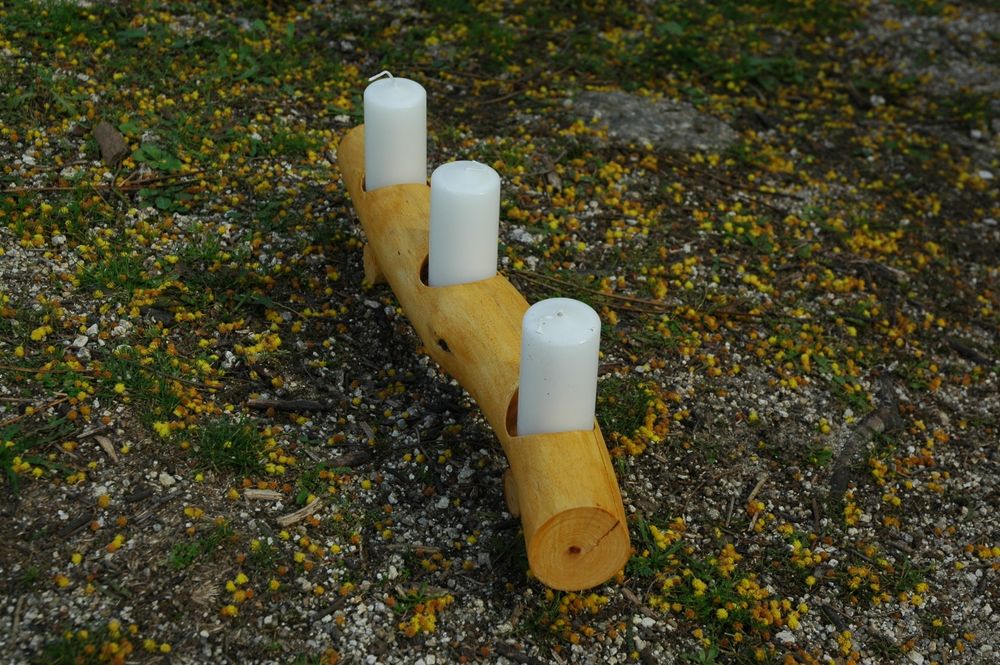 Castiçal Rústico de 3 velas em Madeira Acácia - Decoração Casa/Evento