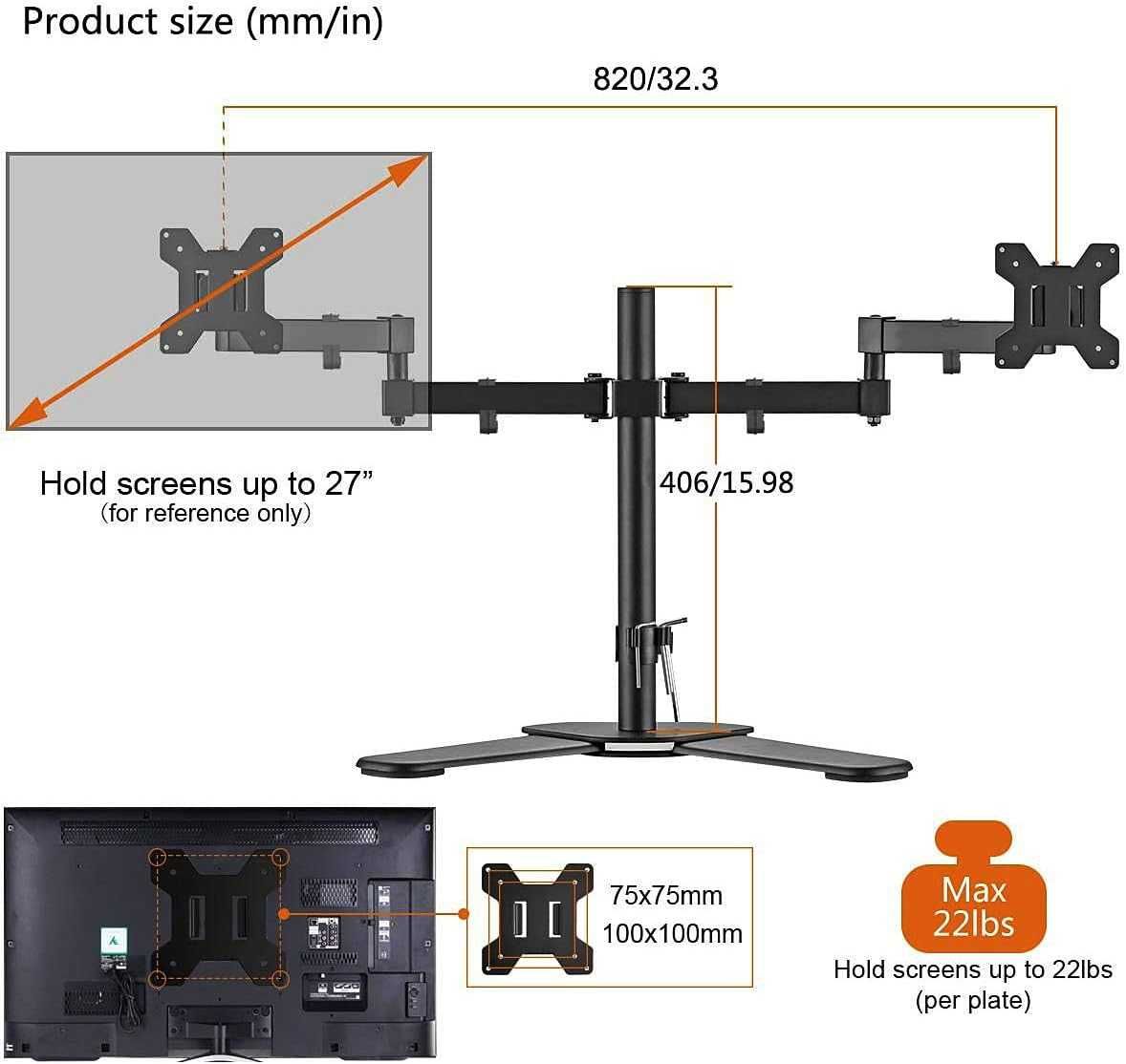 Suporte Duplo para 2 Monitores, até 32 polegadas, até 2 x 10Kg