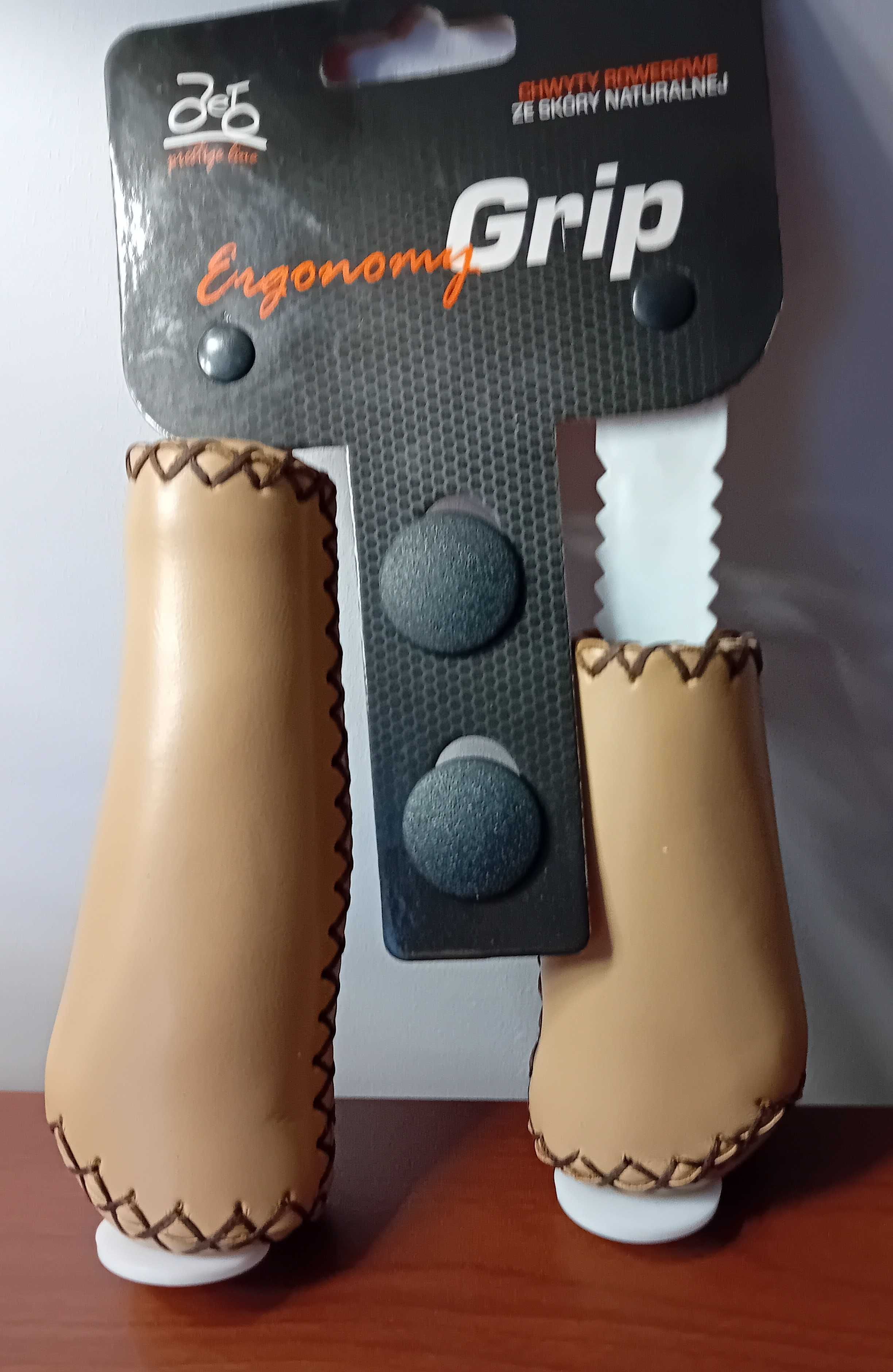 Chwyty rowerowe Ergonomy Grip z naturalnej skóry/ozdobne obszycie/.