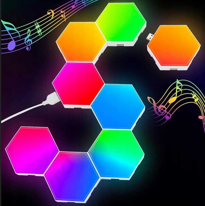 Panele Świetlne Sześciokątne LED Bluetooth Apka Pilot 8 szt.