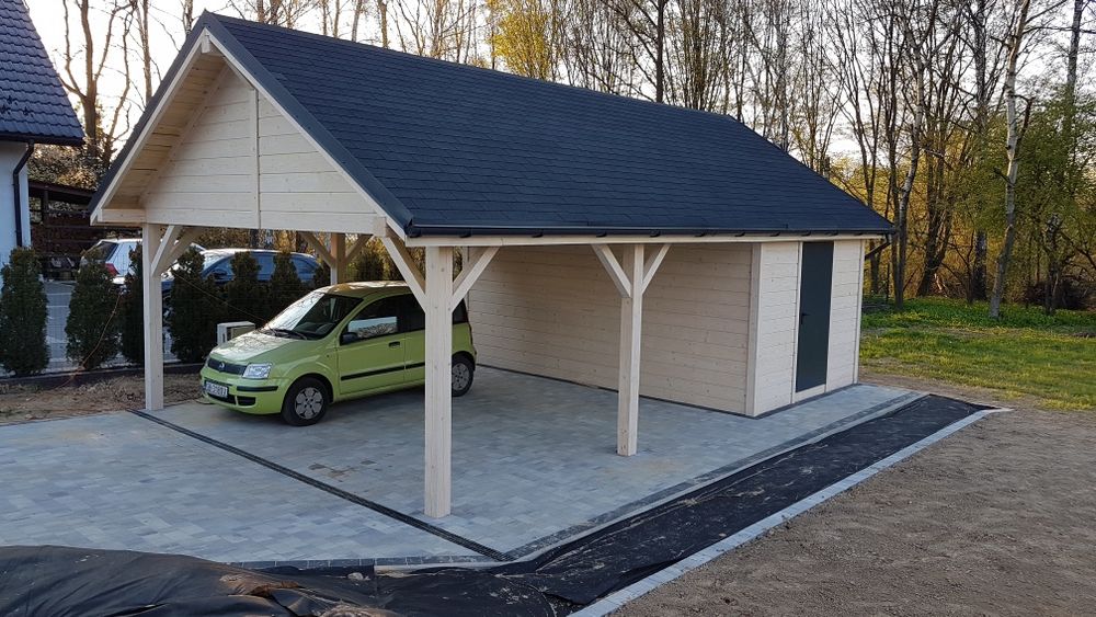 Wiata na 2 samochody z pomieszczeniem gospodarczym i pawlaczem