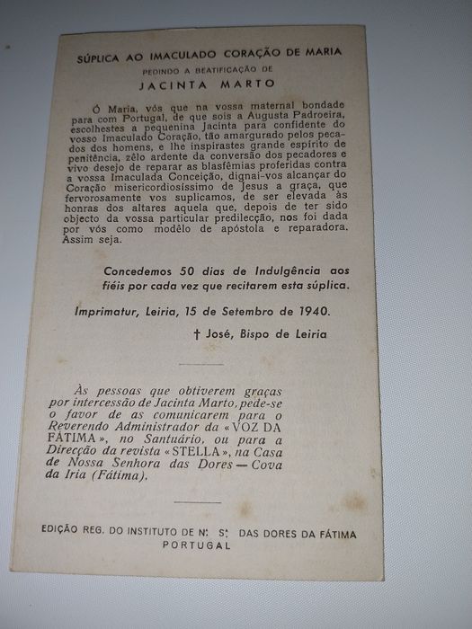 Pagela de Jacinta Marto, impressa em 1940