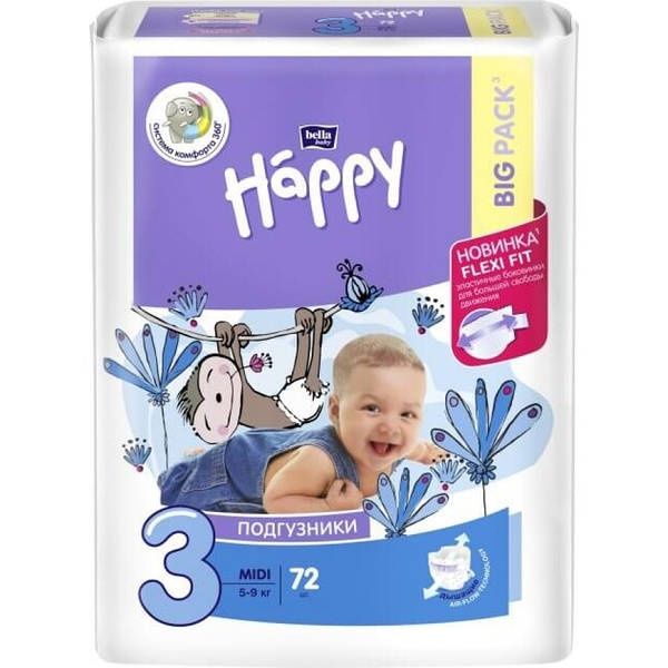 Памперсы Happy, р. 3, (5-9кг) , 72шт.