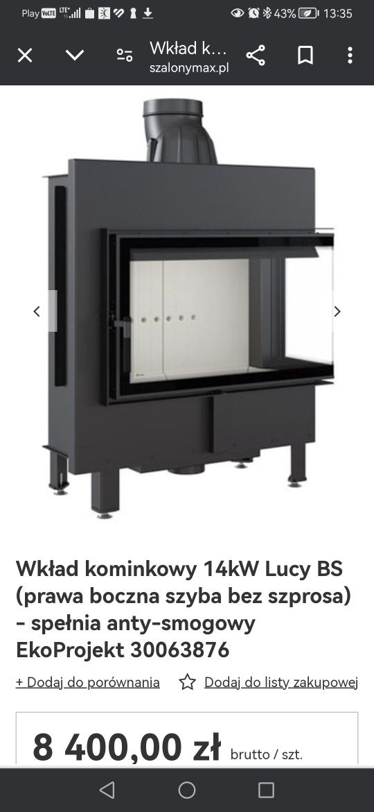 Wkład kominkowy lucy 14kw  prawa boczna szyba