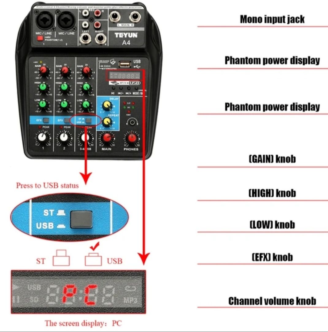 Mesa Consola Mixer Teyun TU-04 4 canais como nova!