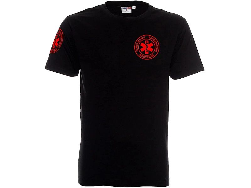 Koszulka ratownicza czarna męska Funkcyjna - nadruk Fluo przód + rękaw