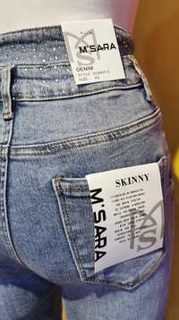 Spodnie jeansy cekiny guziczki wysoki stan M. Sara