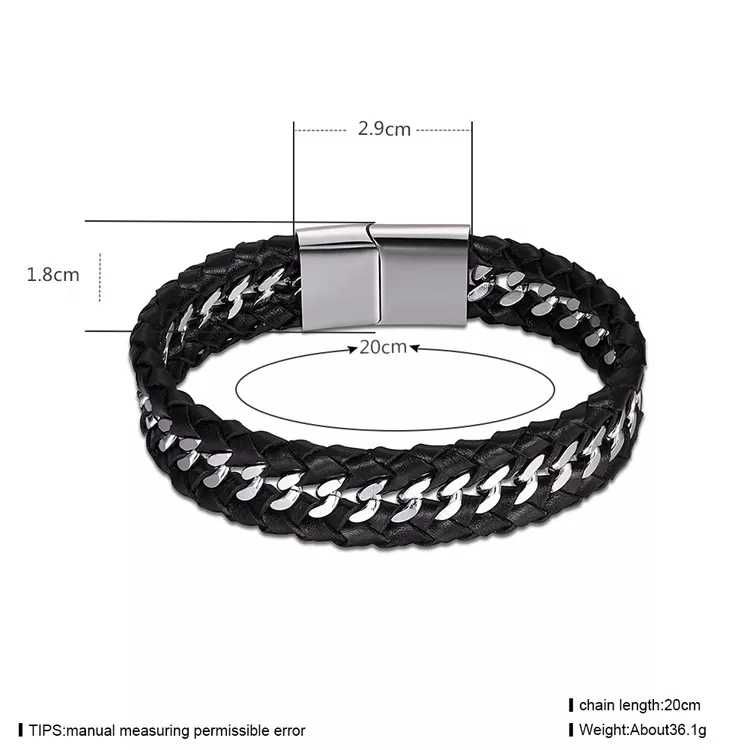 Мужской браслет из натуральной кожи со стальной цепью.