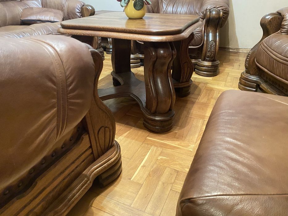 Kler Komplet wypoczynkowy skóra naturalna drewno dębowe zestaw mebli