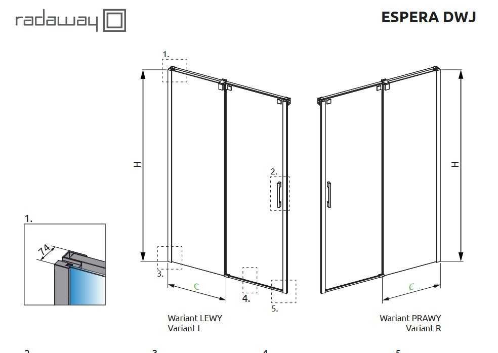 Radaway Espera DWJ Mirror Drzwi przesuwne wnękowe 100x200cm prawe Expo