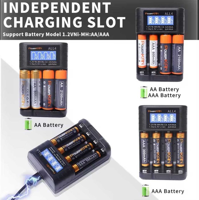 Зарядка POWERKAN ALL4: Ni-MH 1.2В / Li-ion 1.5В и 3.7В, Type-C 5В 2А