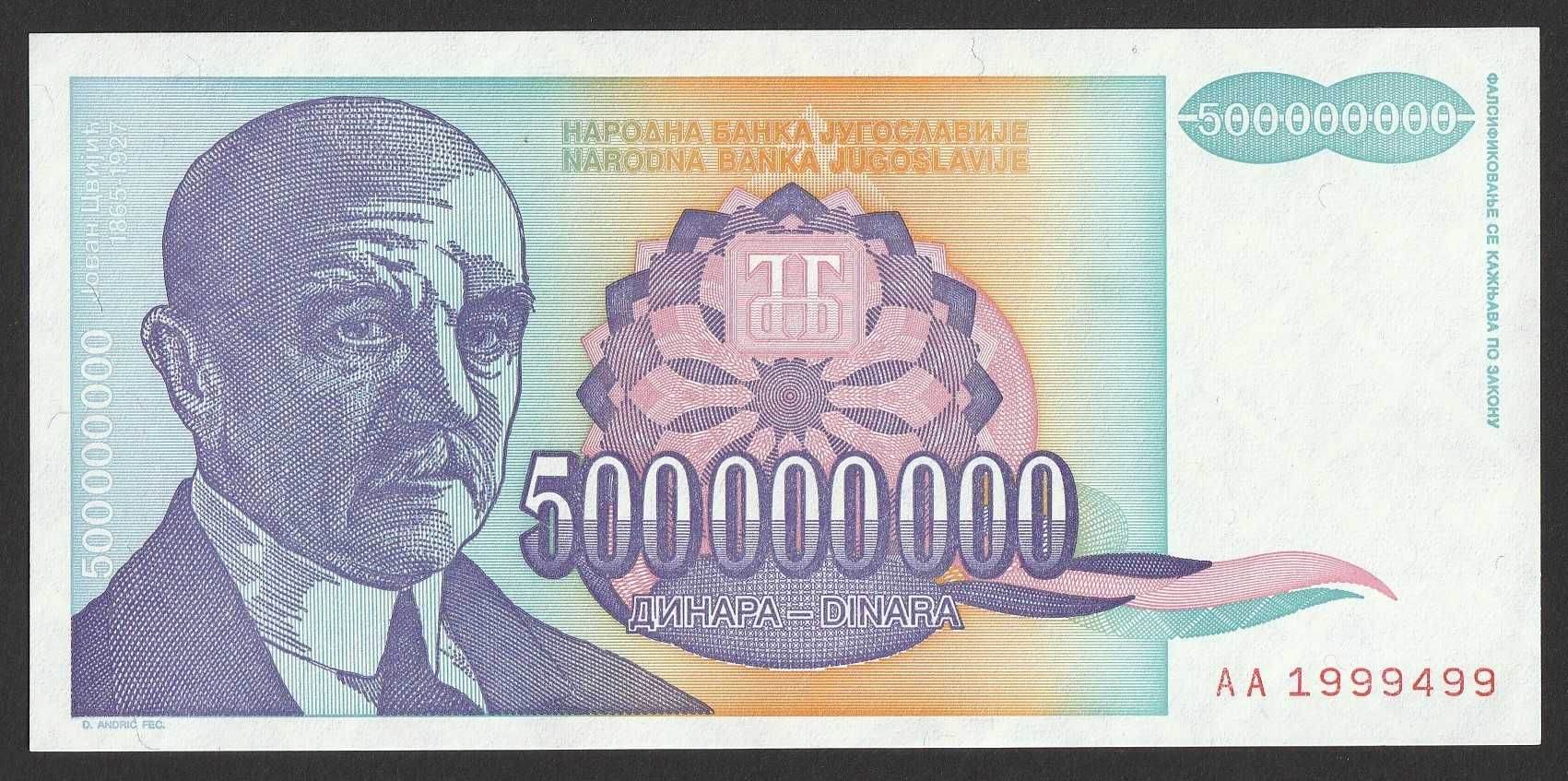 Jugosławia 500 milionów dinarów 1993 - AA - stan bankowy UNC