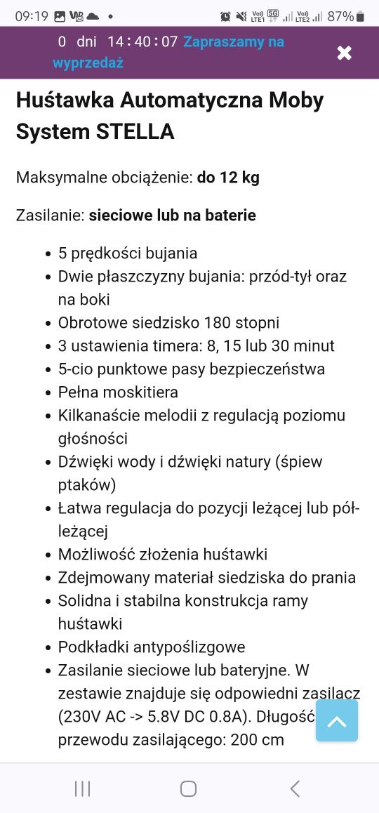 Lezaczek bujaczek hustawka . Na prąd i baterie Moby-system  do 12kg.