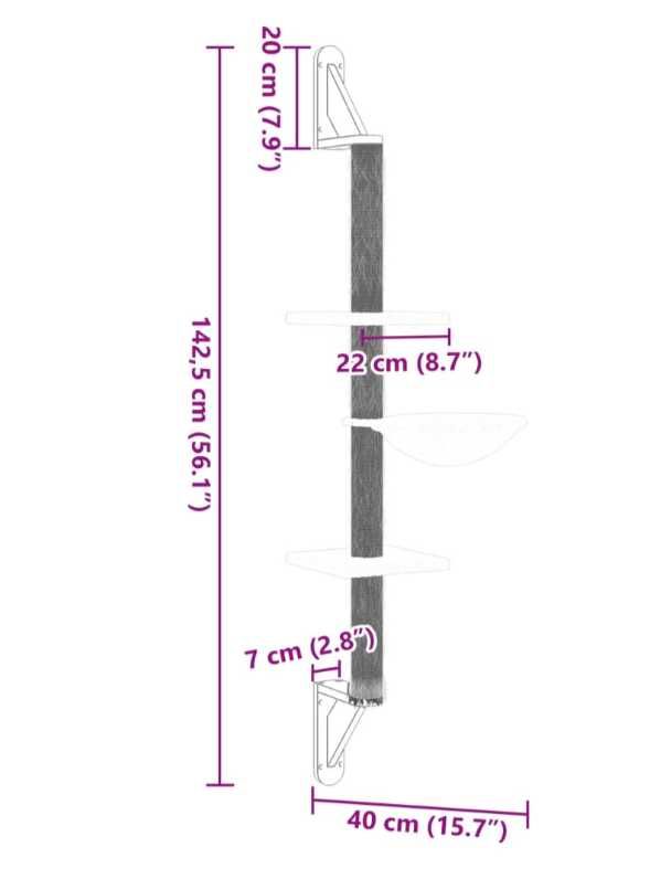 Ścienne drzewko dla kota z drapakiem, jasnoszare, 142,5 cm
