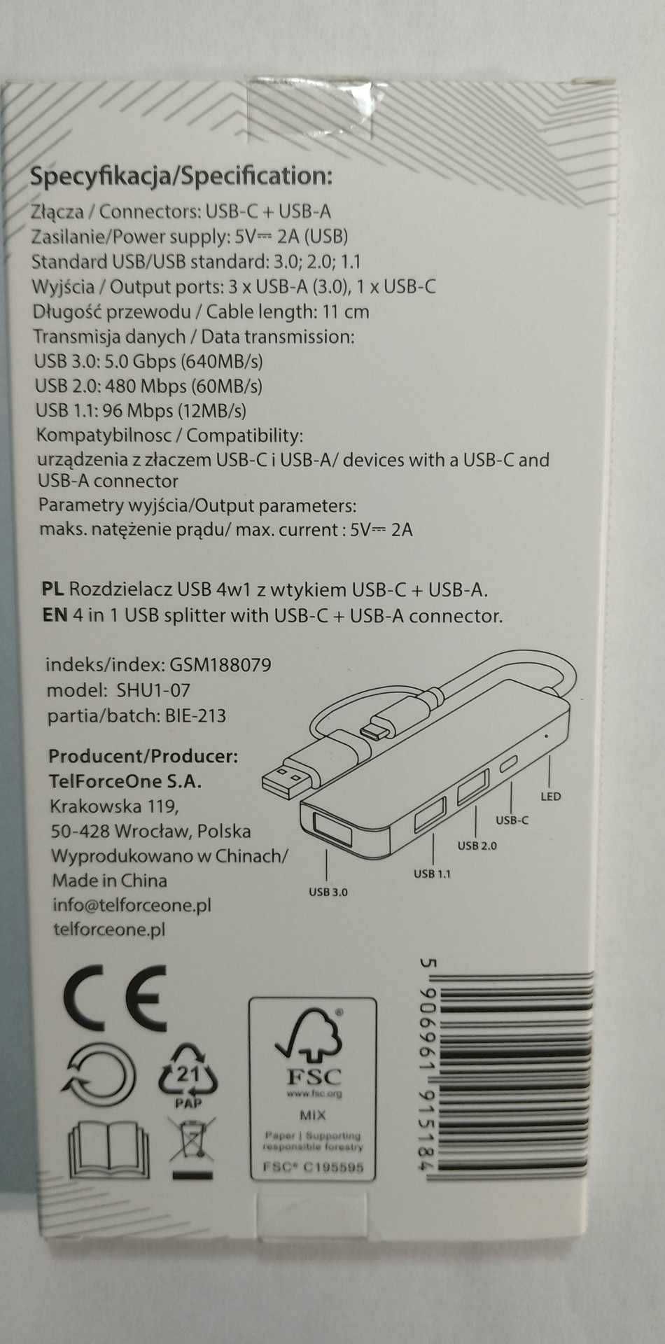 Rozdzielacz USB HUB 4w1 z wtykiem USB-C + USB