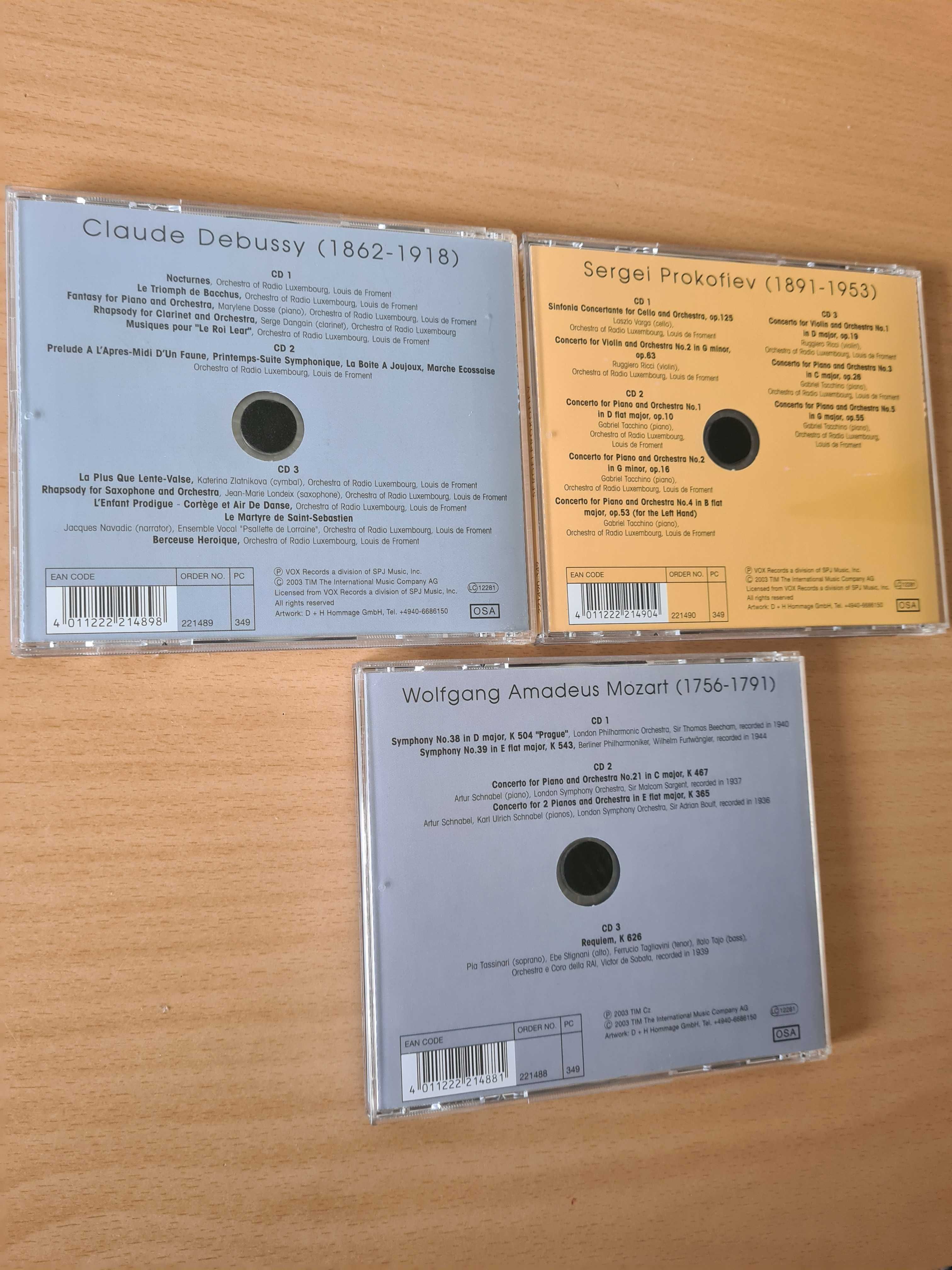 9 CDs audio em três packs com música de Debussy, Prokofiev e Mozart