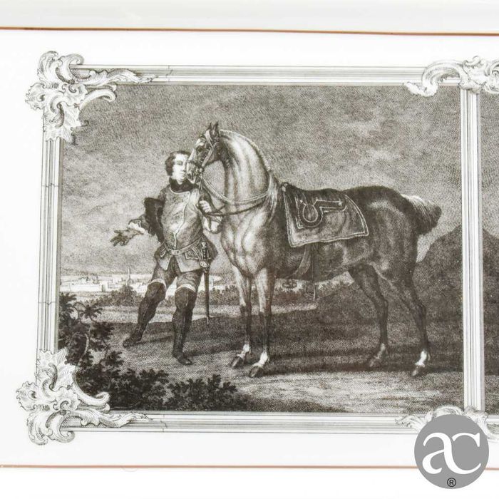 Torteira Vista Alegre decoração a grisaille e dourado, "Arte equestre"