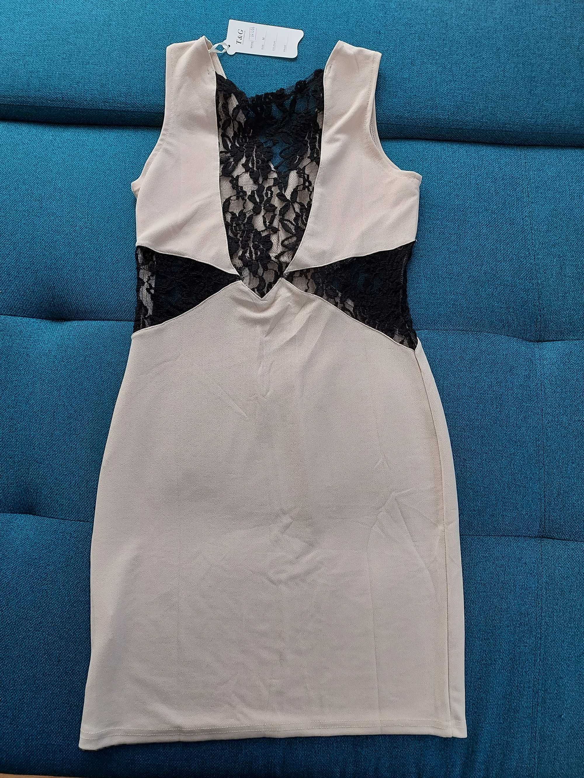 Sukienka kremowa z czarną koronką nowa rozmiar M