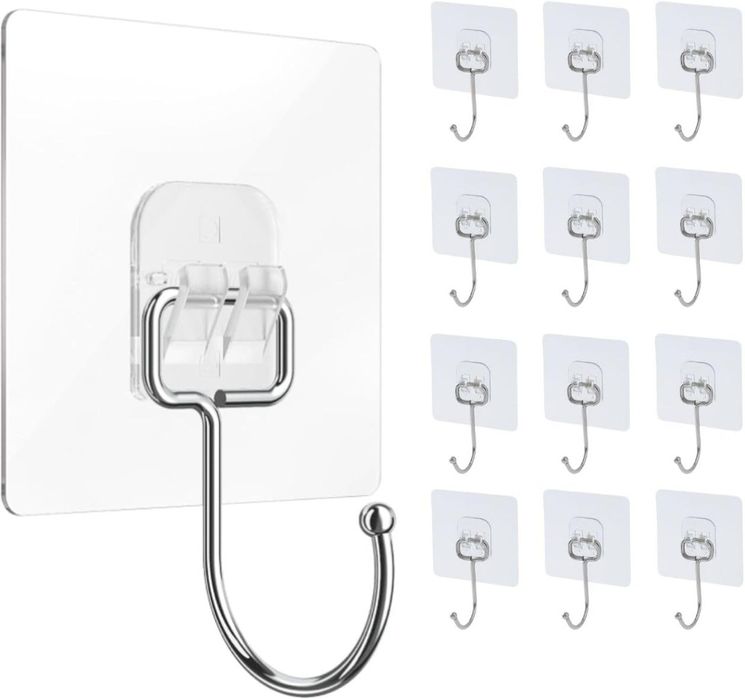 12x Haczyki, Wieszaki Przezroczyste samoprzylepne, udźwig do 5 kg.