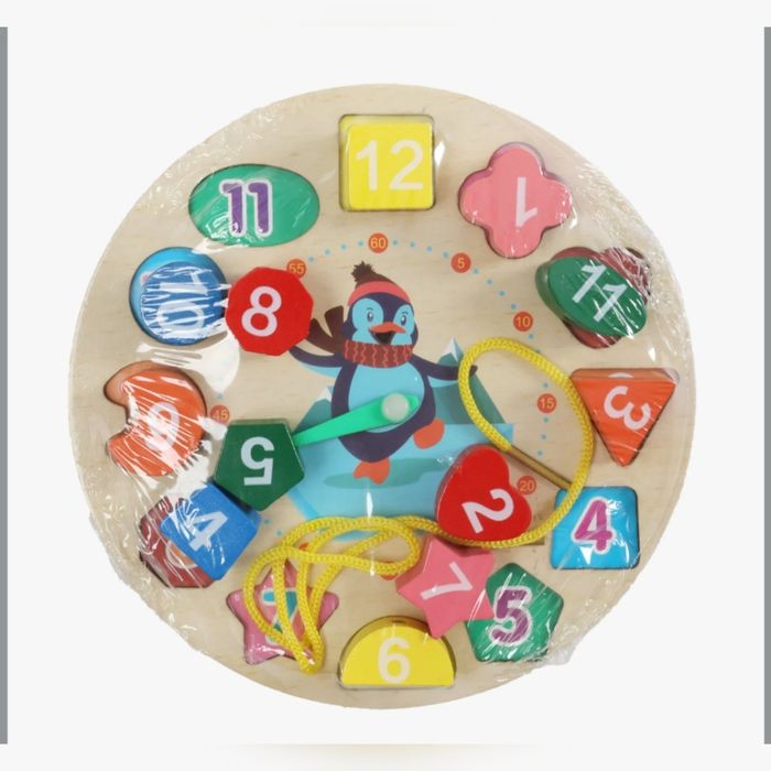 Дерев'яний годинник 2 в 1 сортер шнурівка шнуровка геометричні фігури
