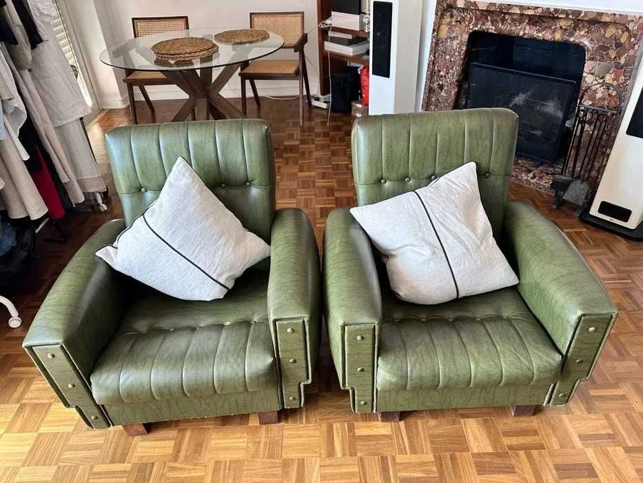 Vintage Green Leather Chairs x2