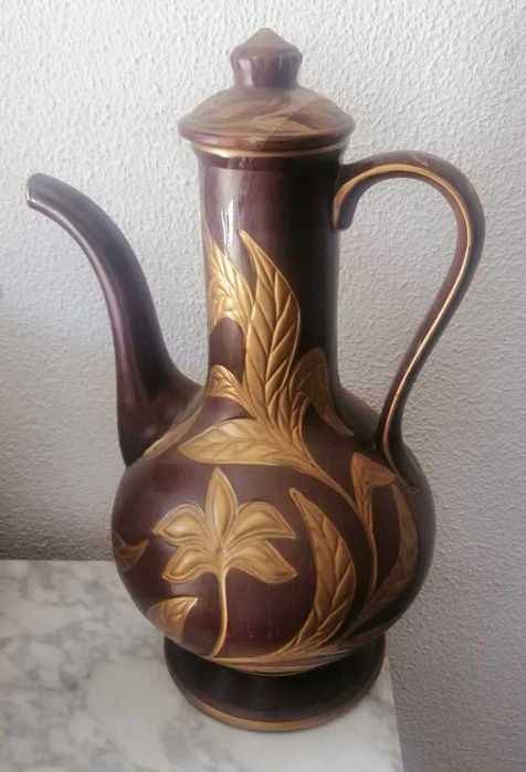 Antigo Jarro cerâmica c/ tampa, pintado à mão - Artesanato Português