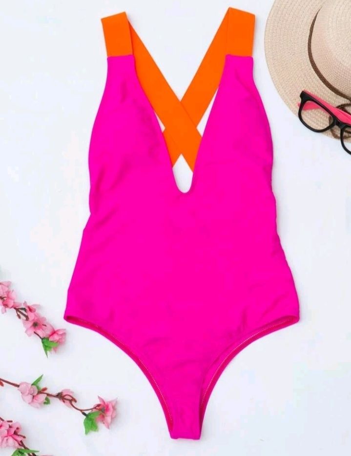 Kostium kąpielowy jednoczęściowy różowy neon L Shein