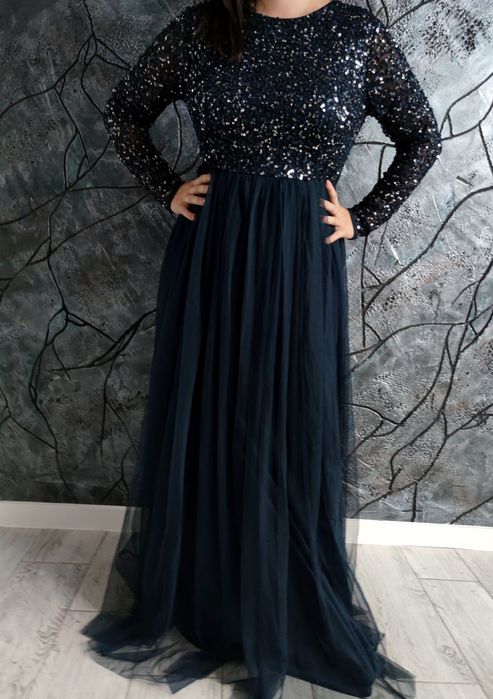 Długa tiulowa sukienka błyszcząca z cekinami wieczorowa rozmiar 2xl 44