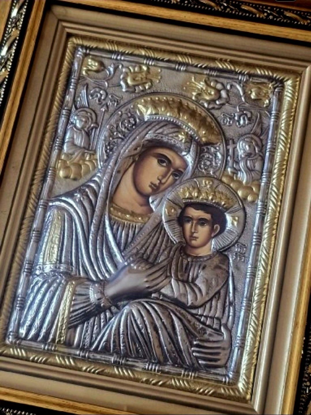 Ikona w kiocie GRECKA na desce Matka Boska z Dzieciątkiem Jezus.