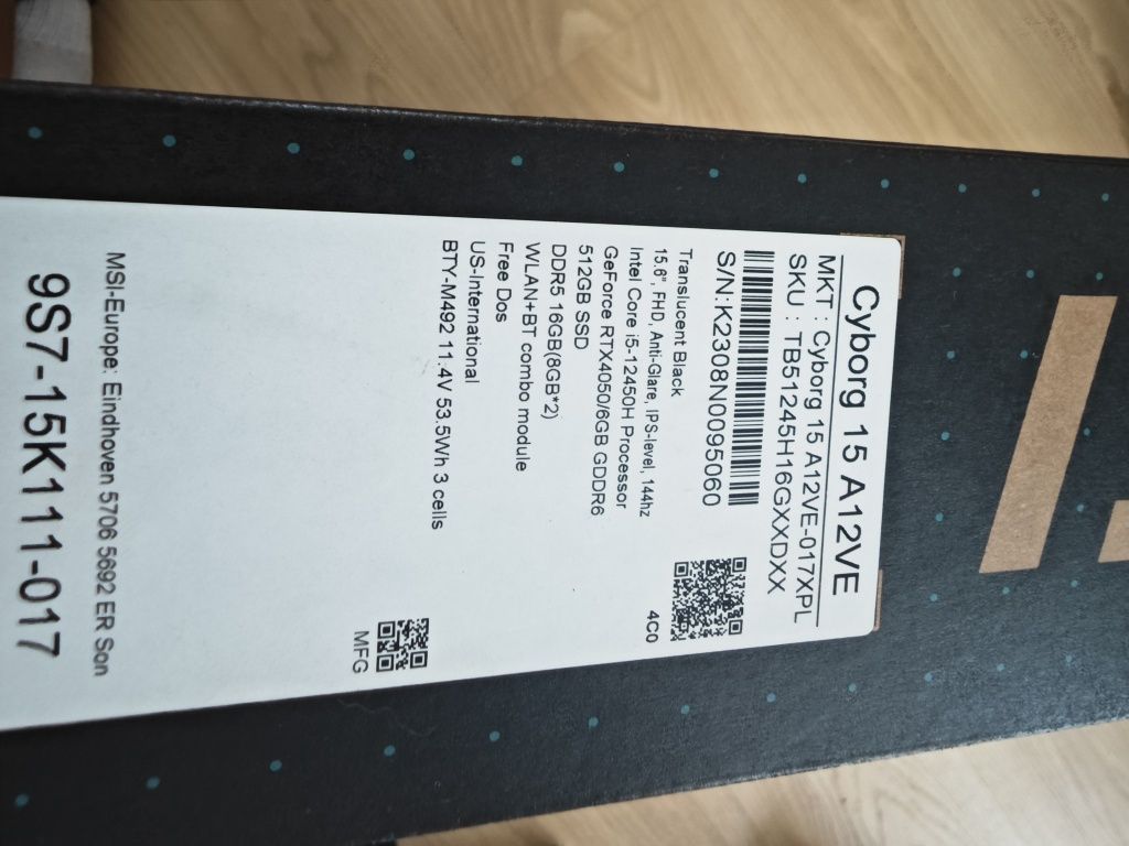 Laptop Gamingowy MSI Cyborg 15 , RTX 4050  super stan