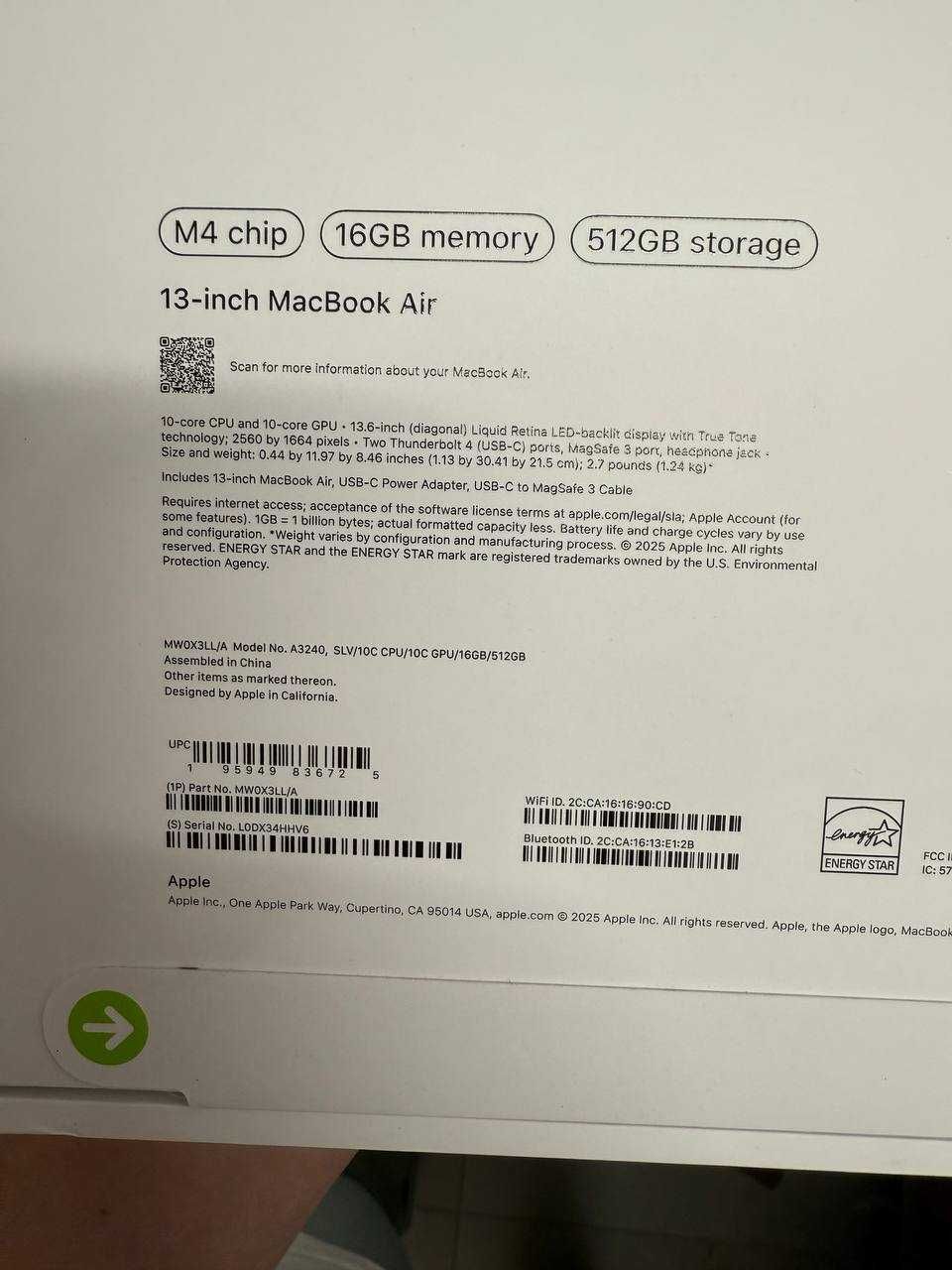 Apple MacBook Air 13,6" M4 16/512 Silver (MW0X3) 2025