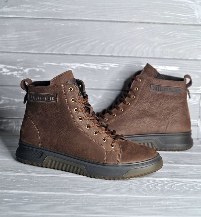 40-48 Мужские кожаные зимние черные коричневые ботики мех байка змейка