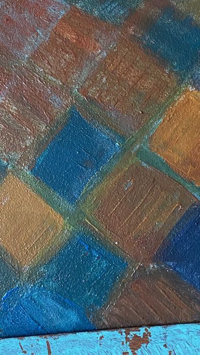 Abstrakcyjny obraz olejny – geometryczna kompozycja, lata 50
