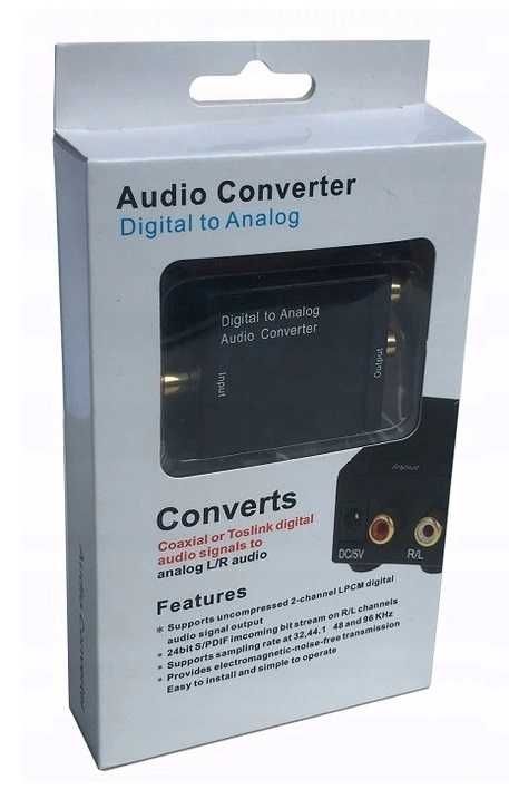 Konwerter optyczny Toslink na analog 2x RCA Cinch + Zasilacz