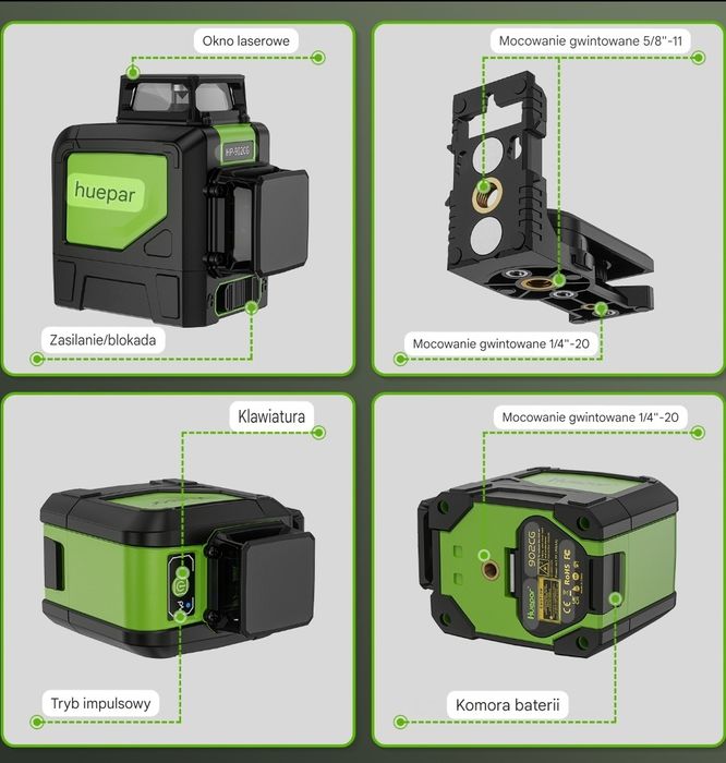 Poziomica laserowa, Niwelator 2d 360  huepar + detektor 50m.