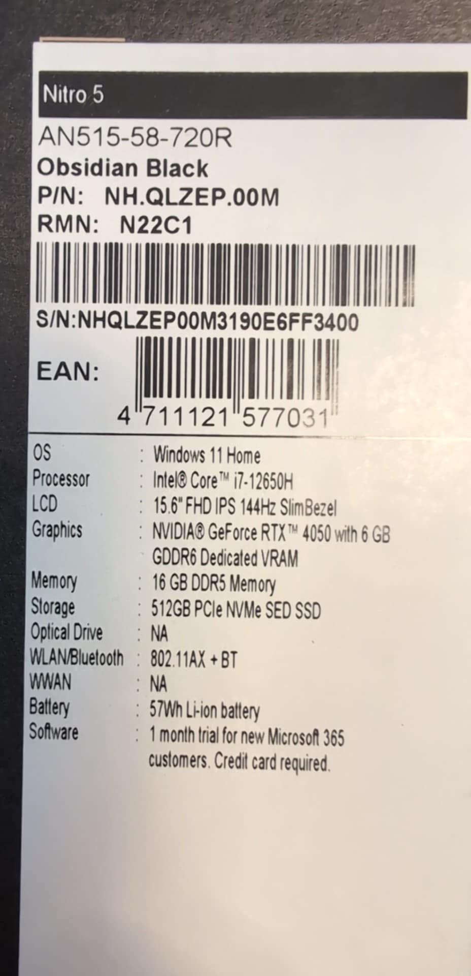 Acer Nitro 5 N22C1 i7