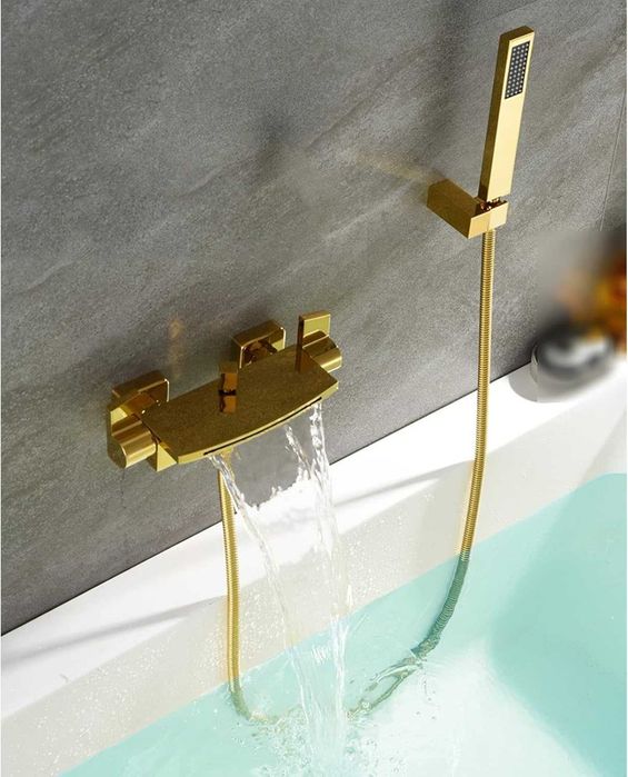 Bateria wannowo prysznicowa złota wodospad kaskada mosiądz